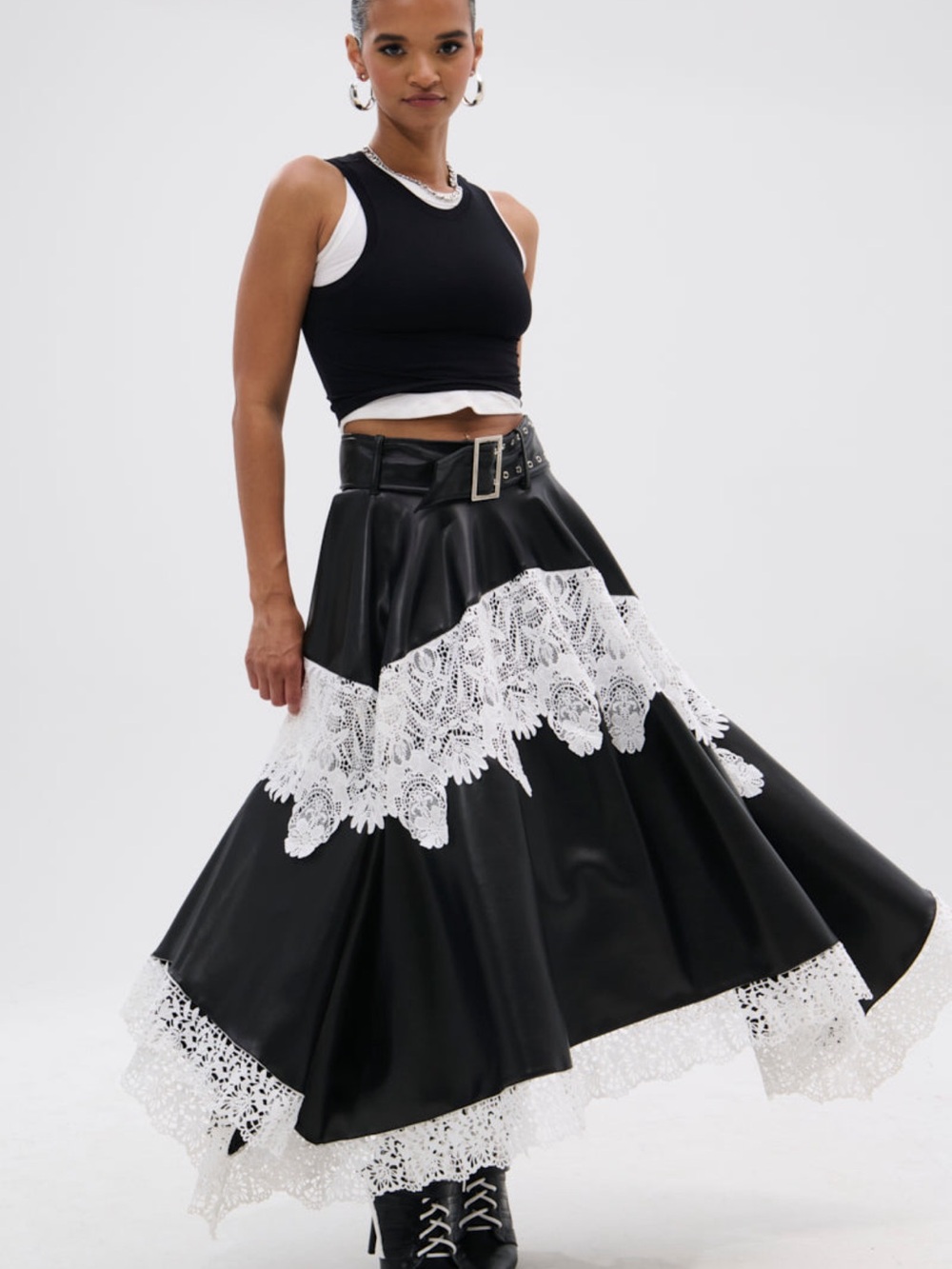 Trendy Black A-Line Maxi Skirt with White Lace Trim